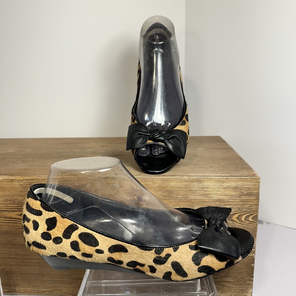 Steve Madden Brinkk Leopard Print Calf Hair Wedge Heels Womens 7.5 Y2K Bow Pinup
